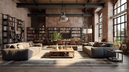 Living room interior in loft, industrial style, 3d render