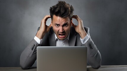 Confused disappointed businessman with hand in hair reading e-mail over laptop on gray background, stock photo, studio lights, use hazelblade f 1.0 lens