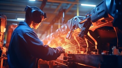 Engineer check and control welding robotics automatic arms machine in factory automotive industrial. blurred digital manufacturing operation. digital ai. Industry 4.0, digital ai