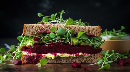 Vegan sandwiches with beetroot hummus. sandwich with beet, cheese, avocado and arugula.
