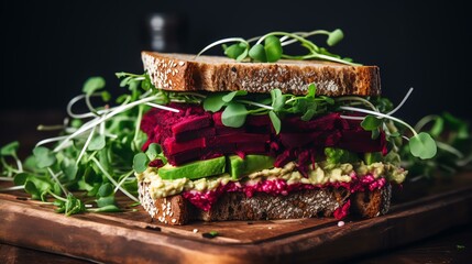 Vegan sandwiches with beetroot hummus. sandwich with beet, cheese, avocado and arugula.