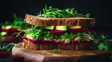 Vegan sandwiches with beetroot hummus. sandwich with beet, cheese, avocado and arugula.