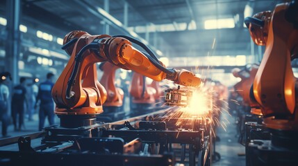 Engineer check and control welding robotics automatic arms machine in factory automotive industrial. blurred digital manufacturing operation. digital ai. Industry 4.0, digital ai