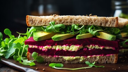 Vegan sandwiches with beetroot hummus. sandwich with beet, cheese, avocado and arugula.