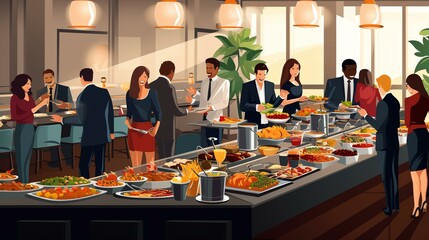 Group of people on catering buffet food indoor in restaurant with grilled meat. Buffet service for any festive event, party or wedding reception. digital ai