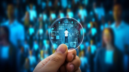 Hand holding magnifier glass with human icon for focus customer target of customer relation management or CRM and human development concept.