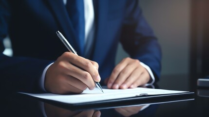 Businessman use pen to tick correct sign mark in checkbox for quality document control checklist and business approve project concept.