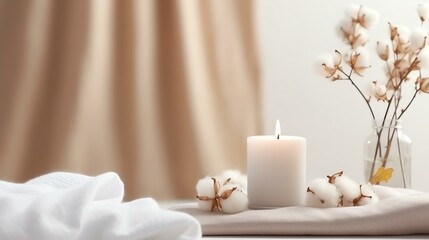 Fototapeta na wymiar Stylish table with cotton flowers and aroma candles near light wall. Banner for design