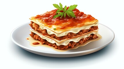 Delicious Plate of Beef Lasagna with Tomato Sauce on a White Background Generative AI