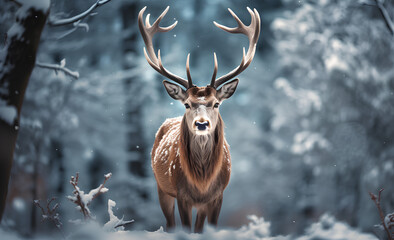 Noble deer male in winter snow forest. Artistic winter christmas landscape.