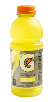 Isolated Bottle of Gatorade brand fruit punch sport drink on transparent  background	