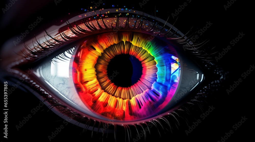 Poster vibrant multicolored iris animation: rainbow lines emerging from bright binary circle