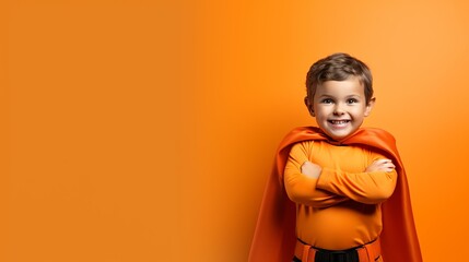 Cute Young Boy Dressed as a Superhero for Halloween on an Orange Banner with Space for Copy