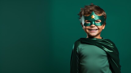 Cute Young Boy Dressed as a Superhero for Halloween on an Green Banner with Space for Copy