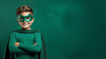 Cute Young Boy Dressed as a Superhero for Halloween on an Green Banner with Space for Copy
