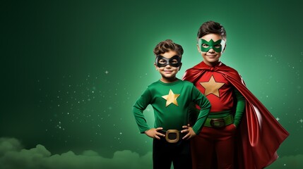 Cute Young Boy Dressed as a Superhero for Halloween on an Green Banner with Space for Copy