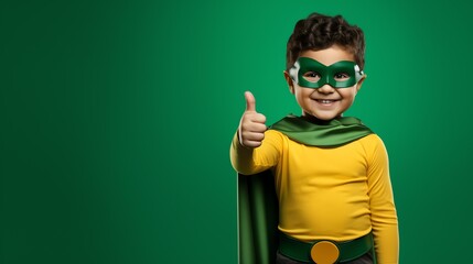 Cute Young Boy Dressed as a Superhero for Halloween on an Green Banner with Space for Copy
