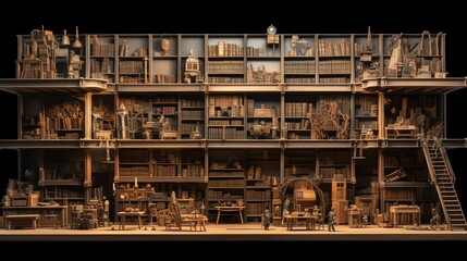 A wall full of Old ancient books of a library, holding many historical books and manuscripts. Wide format.