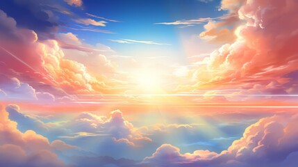 Heavenly sky. Sunset above the clouds abstract illustration. Extra wide format. Hope, divine, heavens concept. 