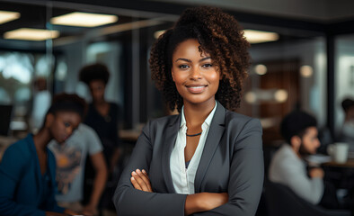 Portrait of a confident black businesswoman with all african american team in the background - obrazy, fototapety, plakaty