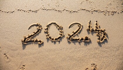 2024 hand written in sand on a beautiful beach, new year 2024, 2024 new year celebration - obrazy, fototapety, plakaty