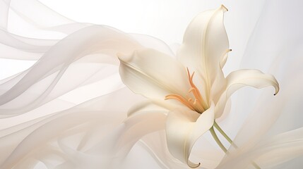 Delicate white lily on a white piece of fabric.