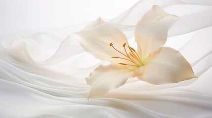 Naklejka na ściany i meble Delicate white lily on a white piece of fabric.