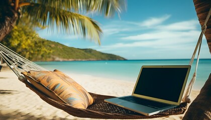 Digital nomad's office: Laptop on a beach hammock