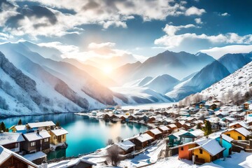 Landscape height mountains with snow large lack between homes trees boats on sunny day clouds cover sun artistic picture pencil colors realistic - AI Generative - obrazy, fototapety, plakaty