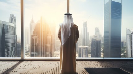 Arab businessman in traditional clothing stands in his office against a backdrop of skyscrapers....