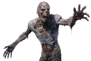 Scary zombie walking and grasping on a transparent background