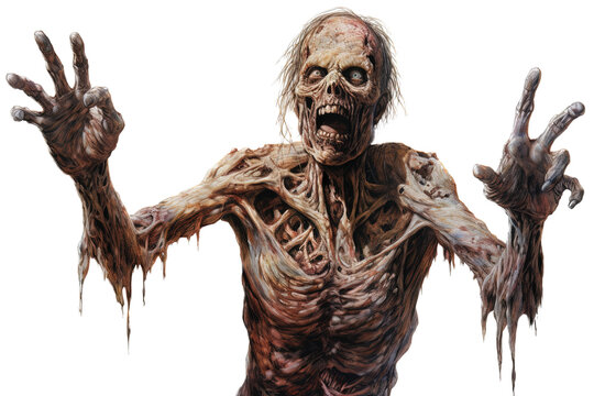 Scary zombie walking and grasping on a transparent background