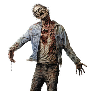Scary zombie walking and grasping on a transparent background