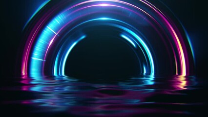 Colorful neon abstract background. Radial futuristic motion texture with bright blue glow. 3d render shiny portal concept with reflections on the wavy surface. Seamless loop. - Powered by Adobe
