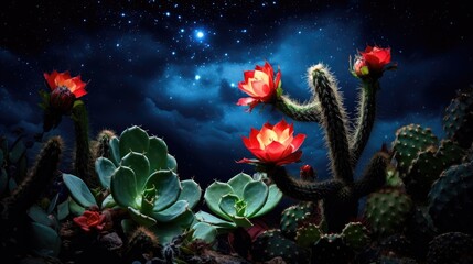 Obraz premium Cactus at night with starry sky. 3D rendering.
