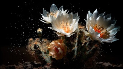 White cactus flowers with water drops on black background. 3d rendering