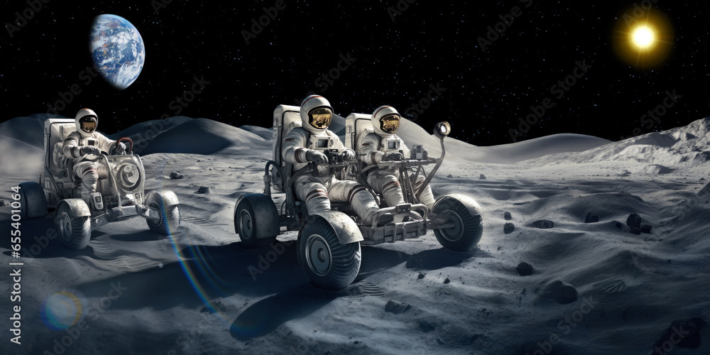 Canvas Prints two teams of astronauts in buggies exploring the lunar landscape, with a vivid backdrop of stars and