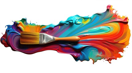 Large brush with multi-colored paint. Splash and explosion of paint on a white background.