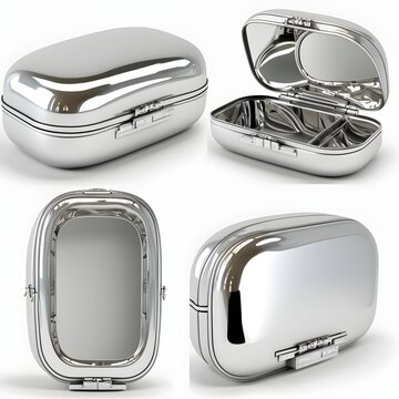 Silver Mirrored PU Chrome Case no handle 3 views only including open and closed empty upscaled No handle Dimensions 324 wide 11 cm depth 82 cm high zipper runs around edge white background detailed 
