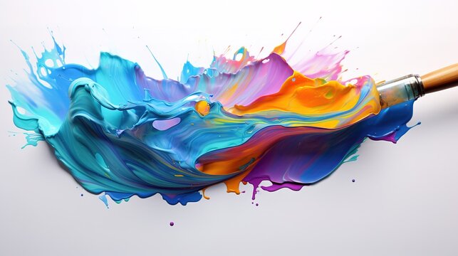 Large brush with multi-colored paint. Splash and explosion of paint on a white background.