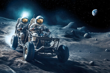 Two astronauts on a moon buggy expedition, concept of space technology and moon exploration - obrazy, fototapety, plakaty