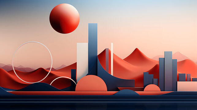 3D abstract illustration of a city skyline with buildings and mountains