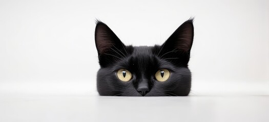 A cute black cat appears from beneath the table. Isolated on white background. Copy space for text, advertising, message, logo