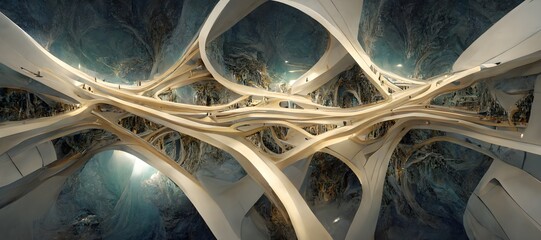 highway network 3D fractal ornamentation infinity ancient architecture interior atrium passage ways combination halo infinite forgeworks  - obrazy, fototapety, plakaty