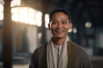 Fototapeta premium Elegantly Dressed and Joyful: An Indonesian Man in a Chic Cardigan.