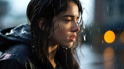 Profile shot of a teenage girl, her wet face lost in painful thought, against a soft-focus rainy street background