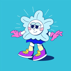 A cute cheerful snowflake girl with eyes walks with a cheerful gait. Isolated icon of fun, pattern, snow, winter, snowflake. trendy, flat cartoon style.