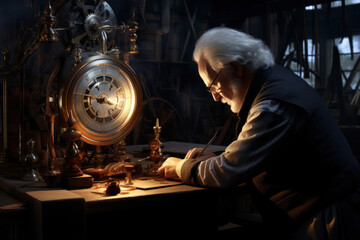 Master Clockmaker with Gray Hair: A Skilled Artisan at Work. - obrazy, fototapety, plakaty