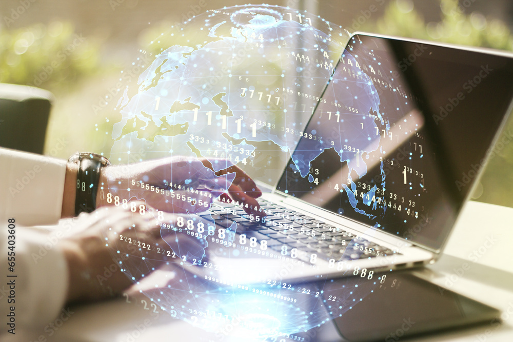 Poster double exposure of abstract programming language hologram with world map and hands typing on laptop 