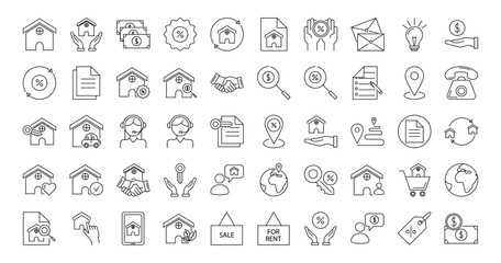 Real estate line icons set. House, people, cottage, money, purchase, discount, sale, letter, key, exchange, location, contract, papers, phone. Vector stock illustration.